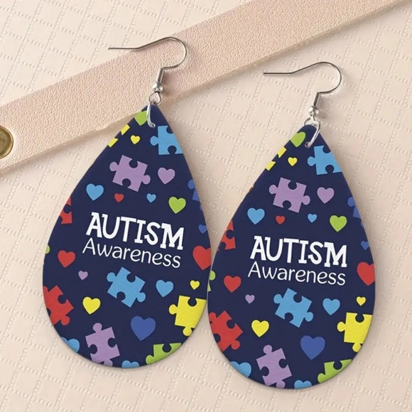 🧩❤️ Autism Awareness Faux Leather Teardrop Lightweight Dangle Earrings🧩❤️ - Picture 3 of 3
